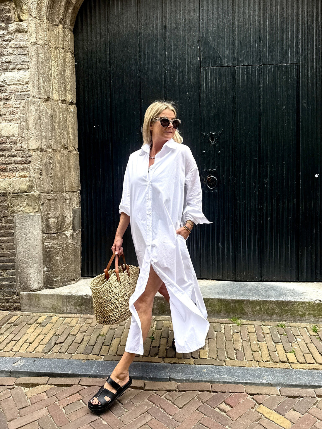 Long Button Dress - White