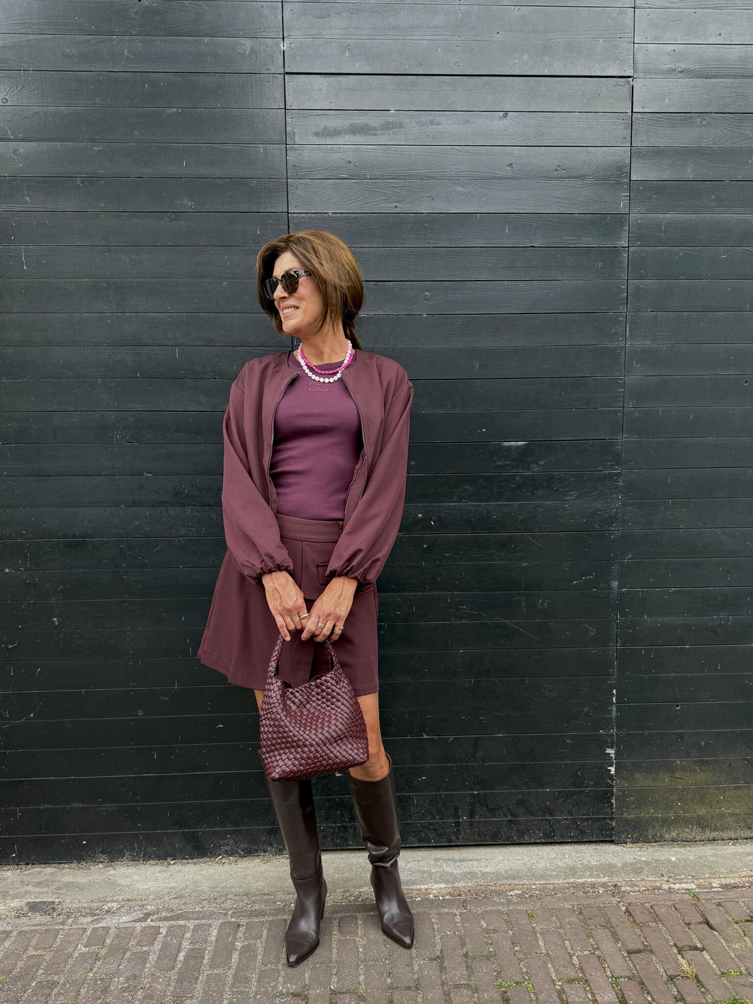 All burgundy skirt look