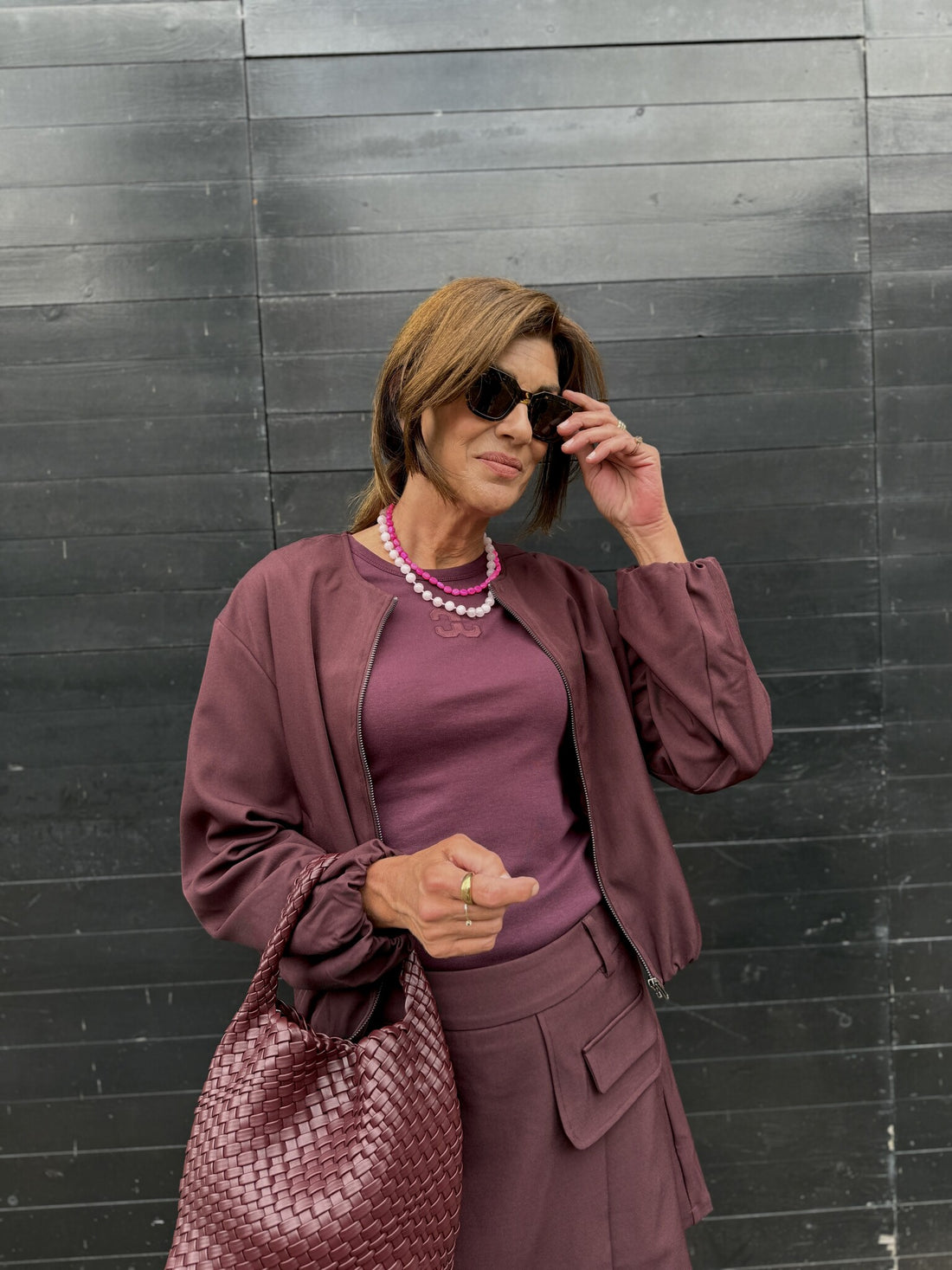 All burgundy skirt look