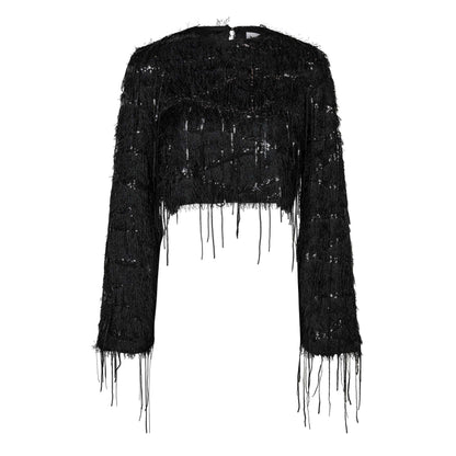 Sequin Fringe Blouse - Black