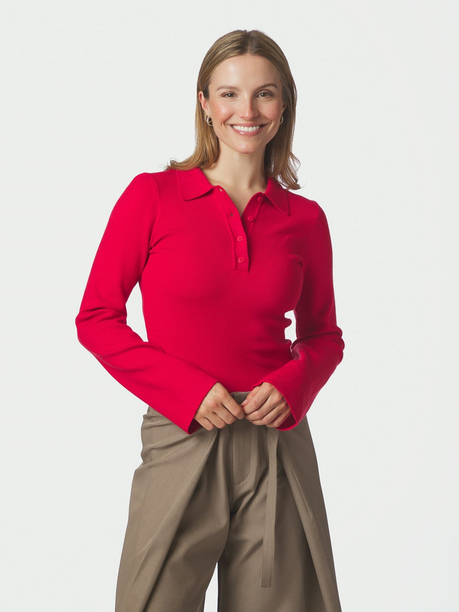 Fannya Ls Solid Knit Polo - Red
