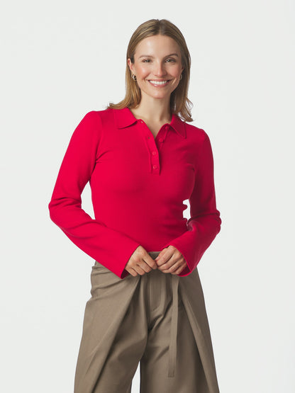 Fannya Ls Solid Knit Polo - Red