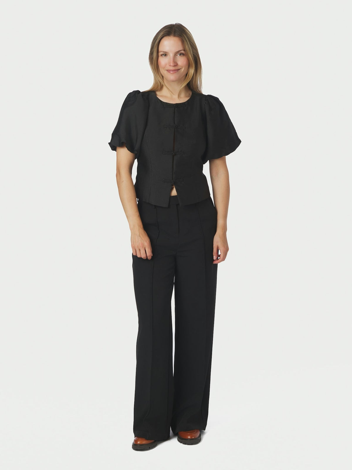 Anela Mandarin Dull Satin Blouse - Black