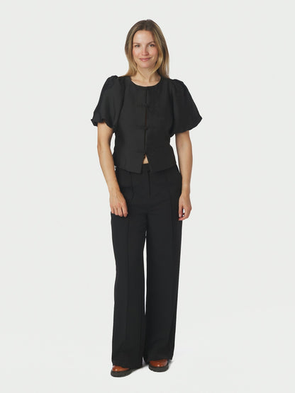Anela Mandarin Dull Satin Blouse - Black
