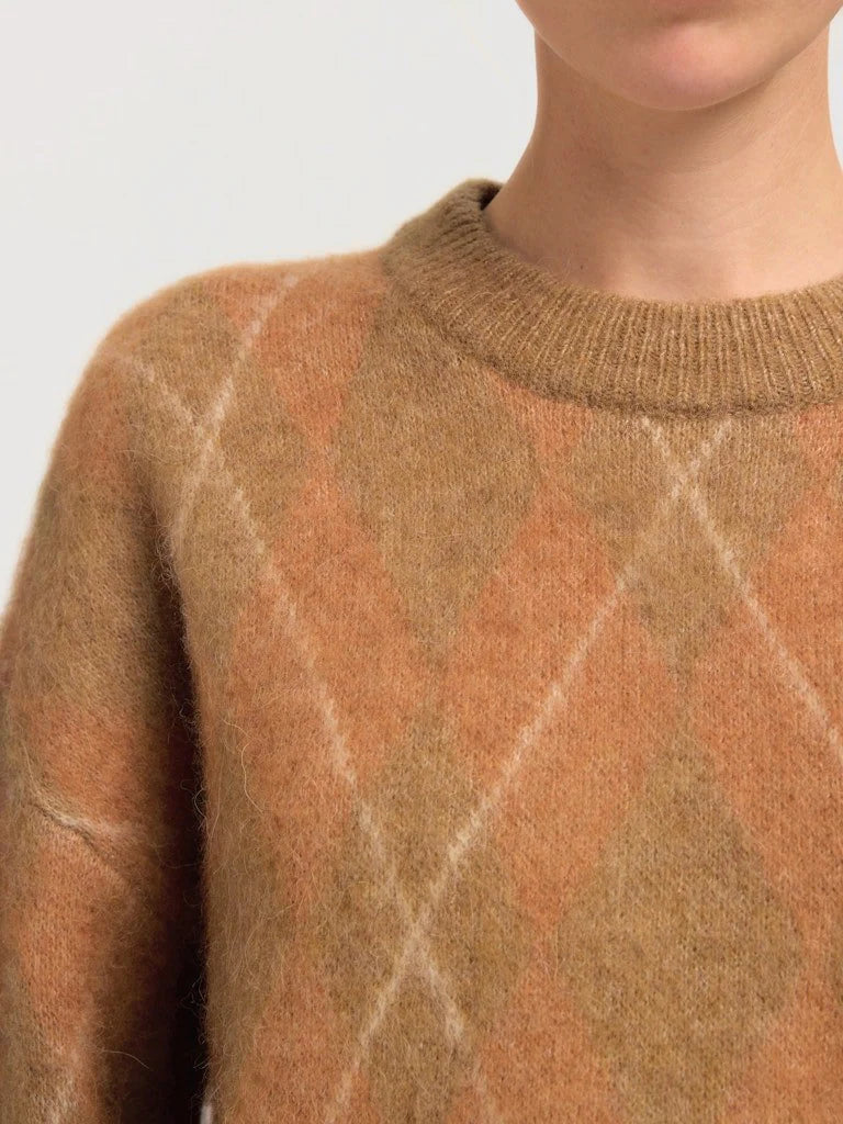 SLFlulu Brushed LS Argyle Knit O-Neck - Golden Brown