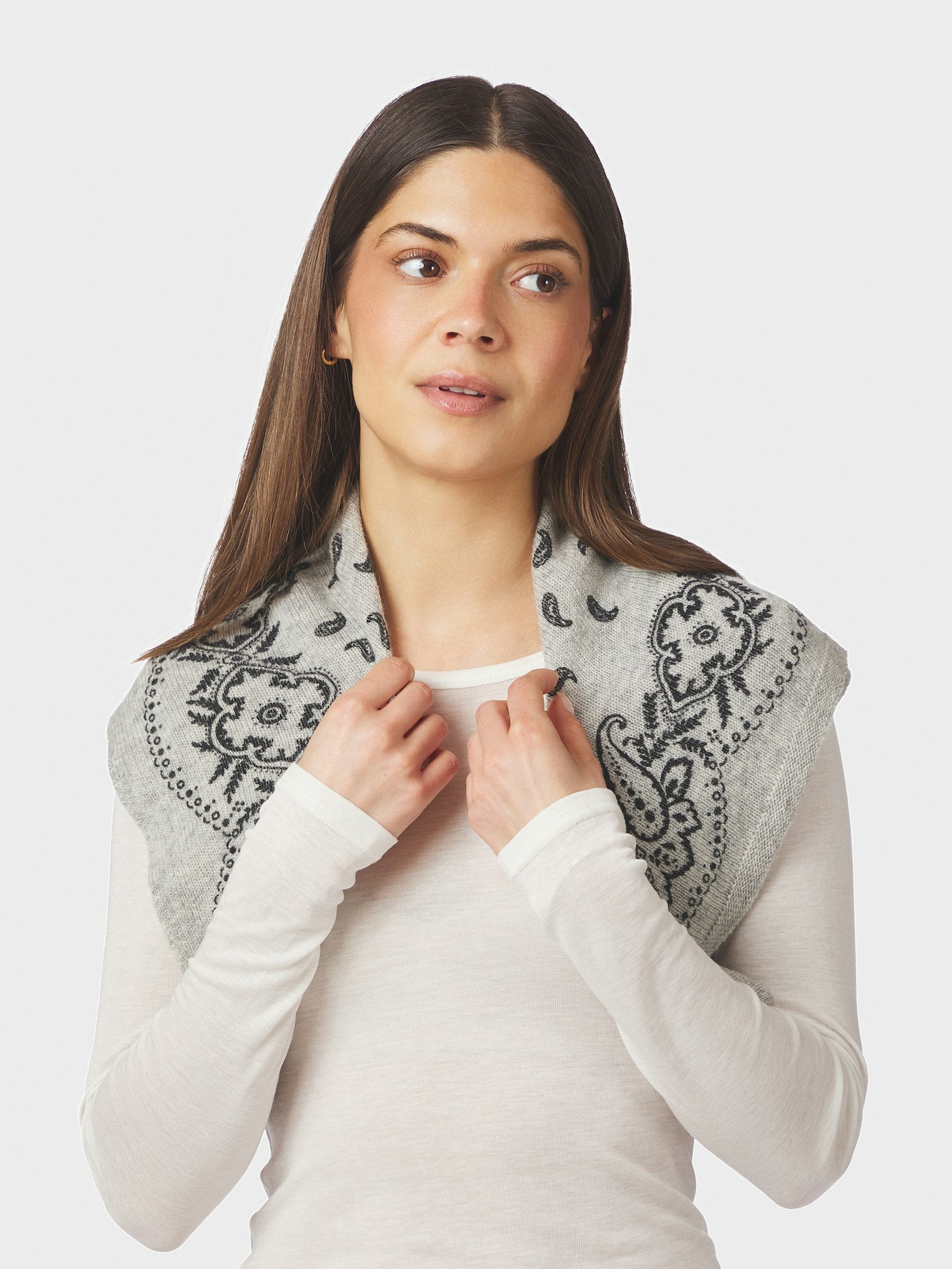 Adelina Paisley Knit Scarf - Grey Melange