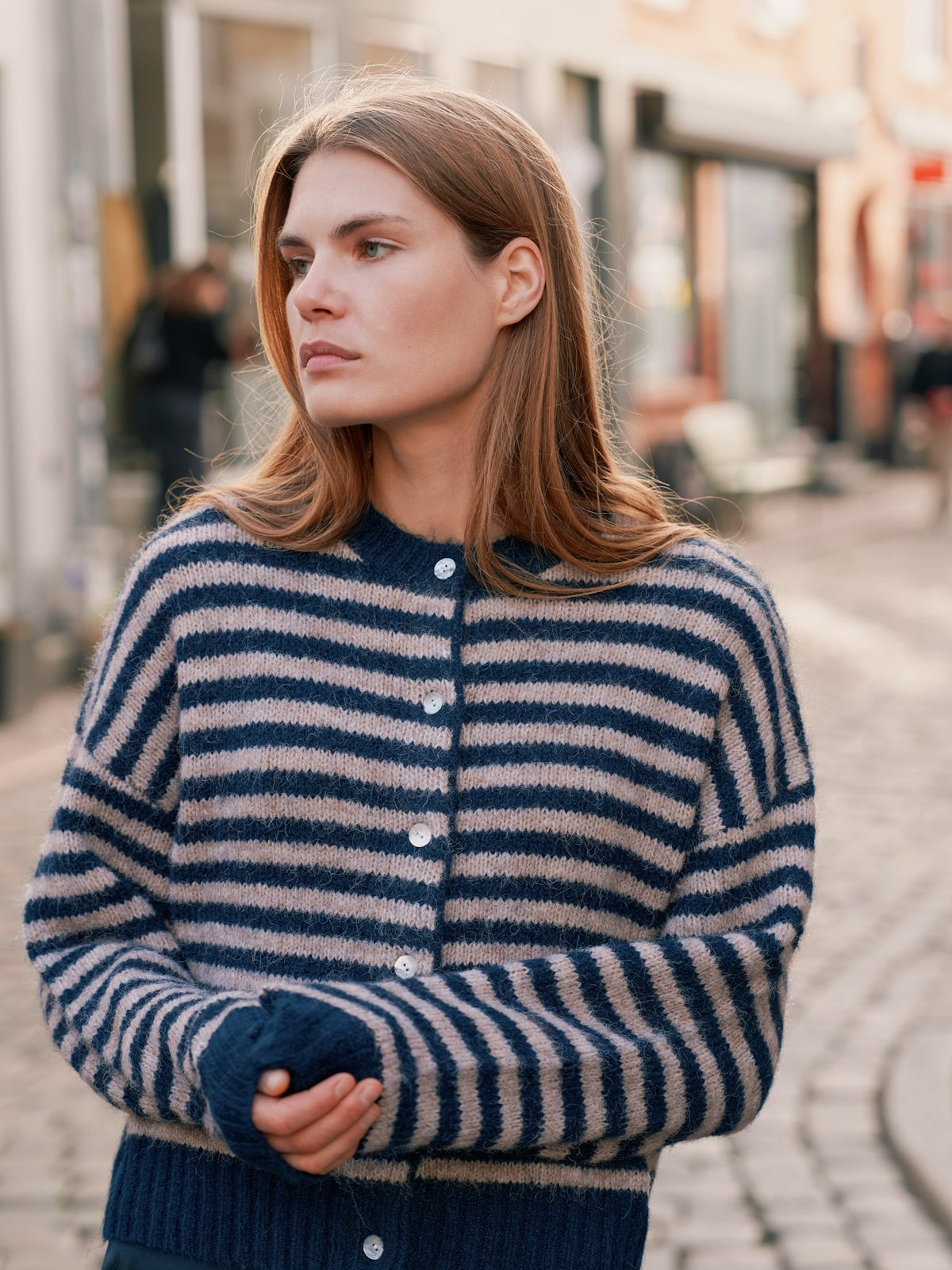 Isana Stripe Fluffy Knit Cardigan - Navy Striped Navy Striped