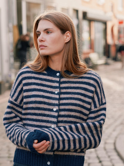 Isana Stripe Fluffy Knit Cardigan - Navy Striped Navy Striped