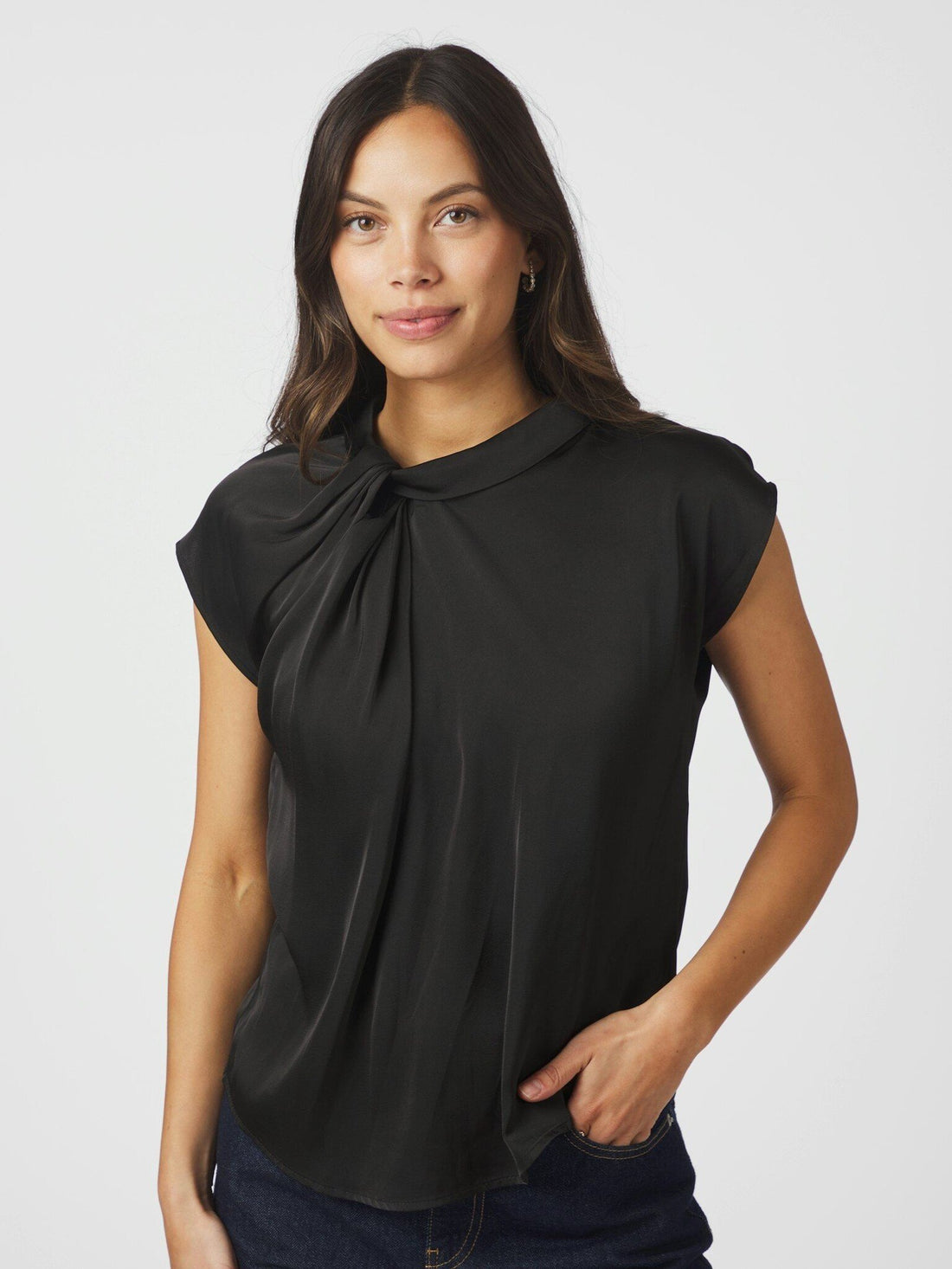 Fleur Drapy Satin Blouse - Black