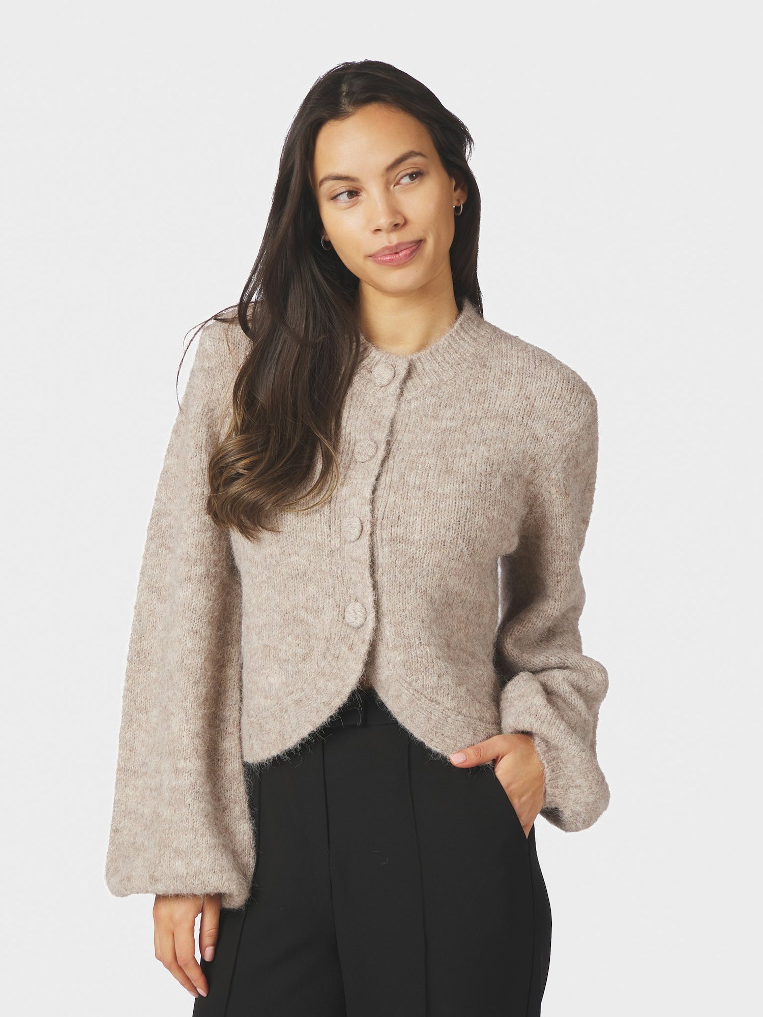 Gio Fluffy Knit Cardigan - Beige Melange