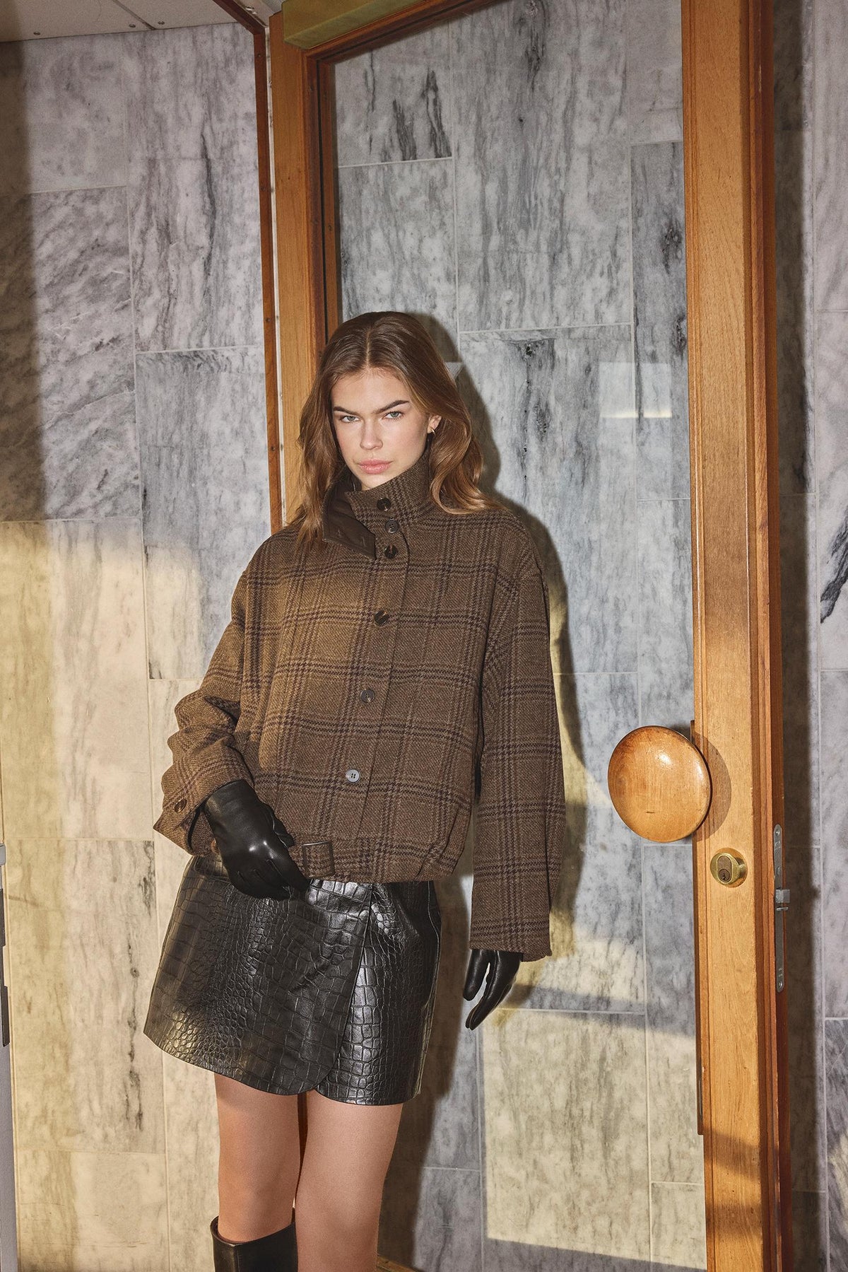 OlvaCC Check Balloon Jacke - Dunkelbraun
