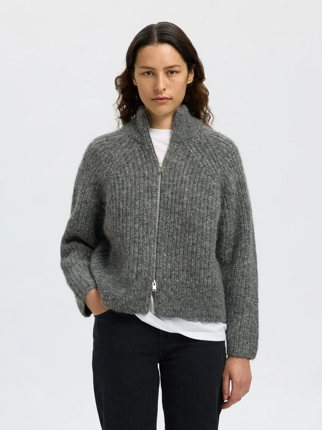 SLFanjuli LS knit Zip - med. grey mel.