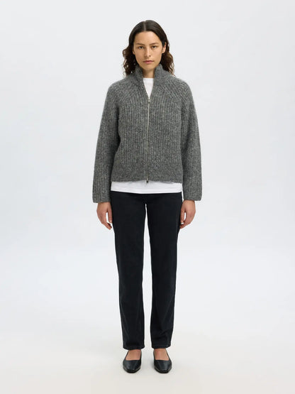 SLFanjuli LS knit Zip - med. grey mel.