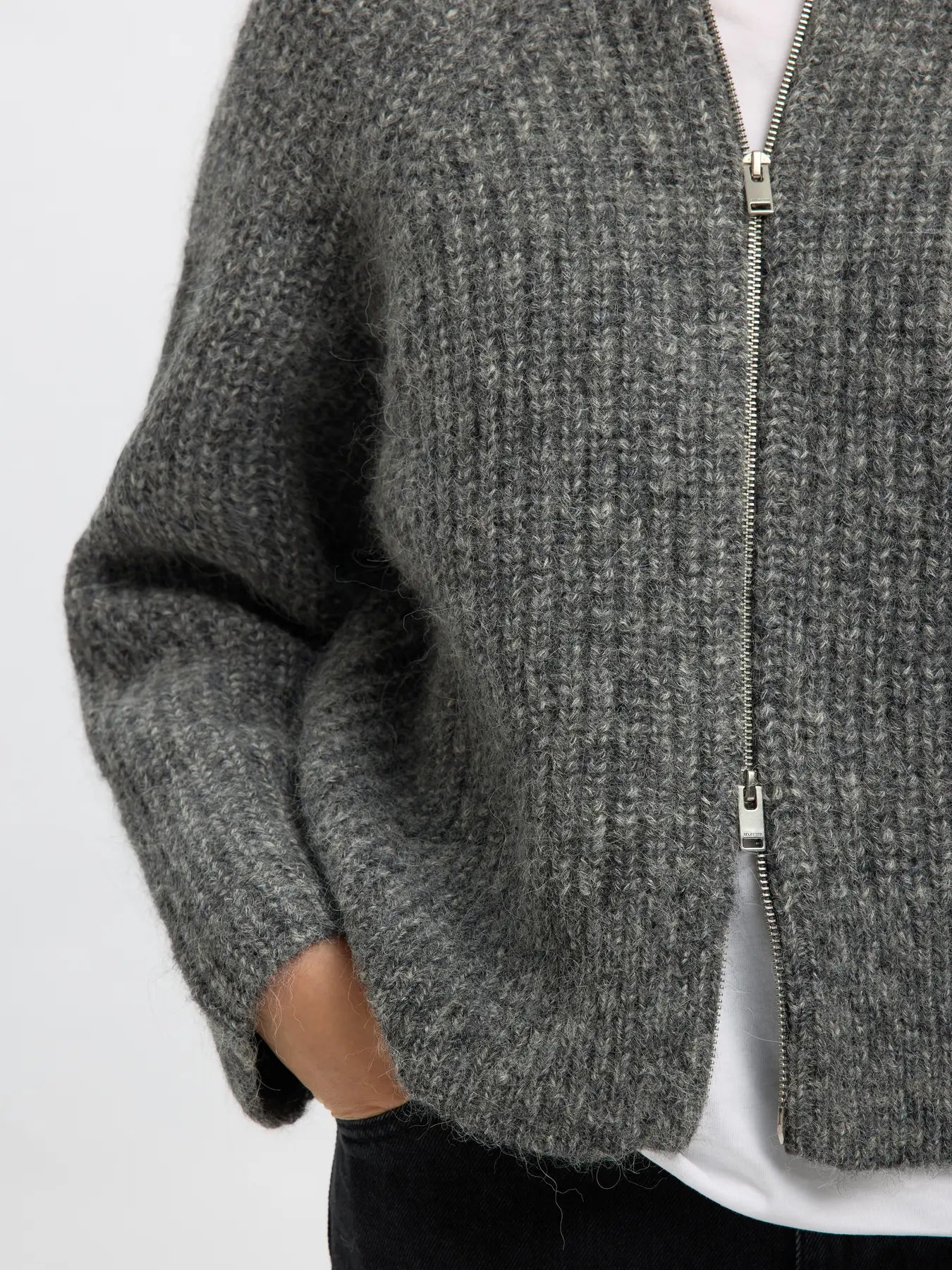 SLFanjuli LS knit Zip - med. grey mel.