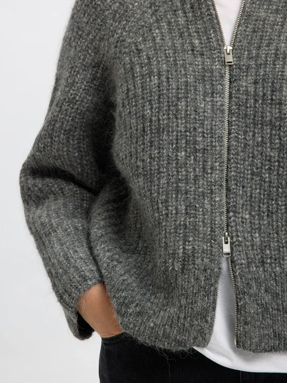 SLFanjuli LS knit Zip - med. grey mel.