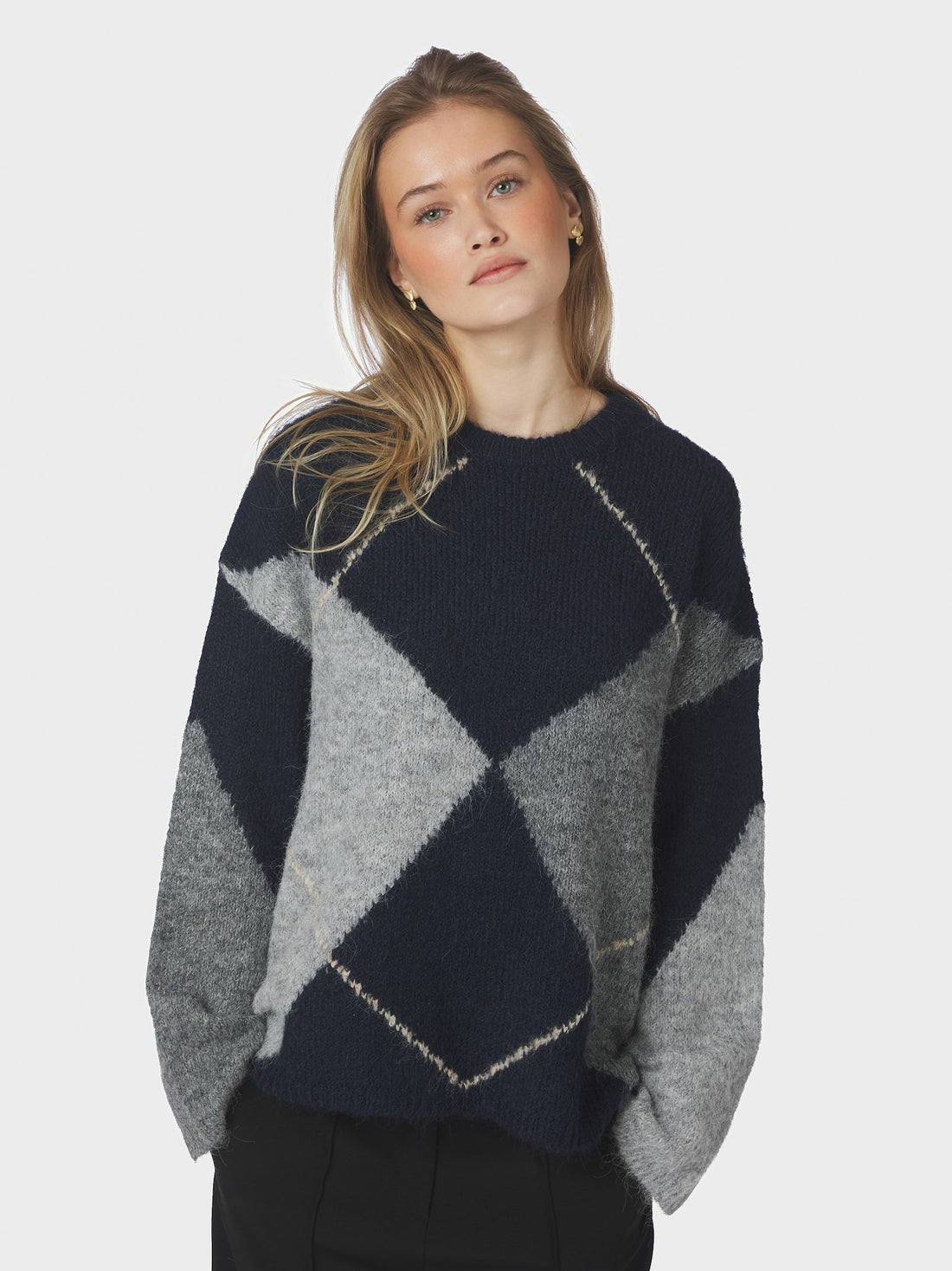 Inga Check Fluff Knit Blouse - Navy