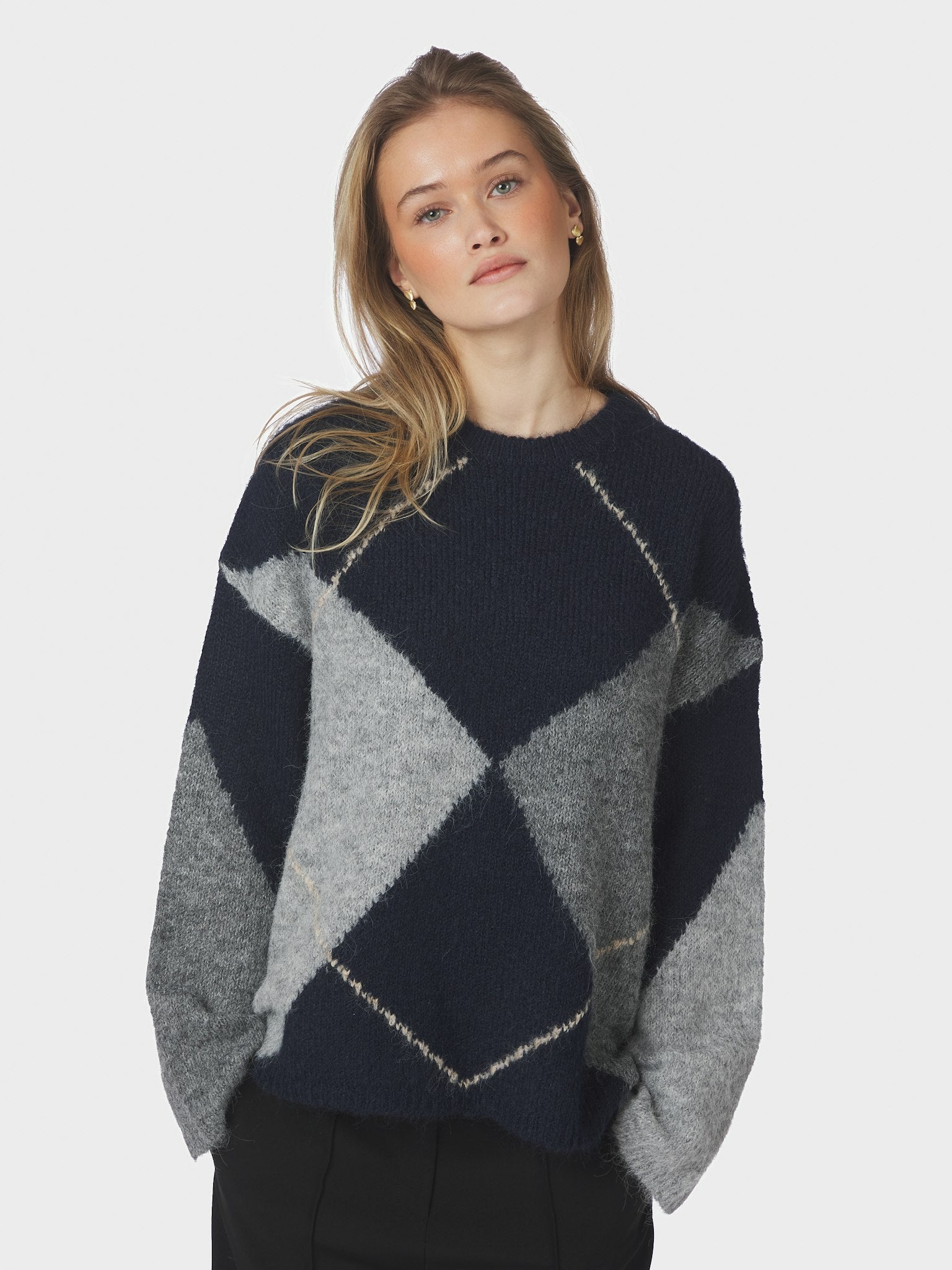 Inga Check Fluff Knit Blouse - Navy