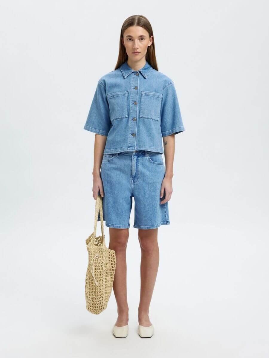 Slfanya pleat denim short - Light denim blue