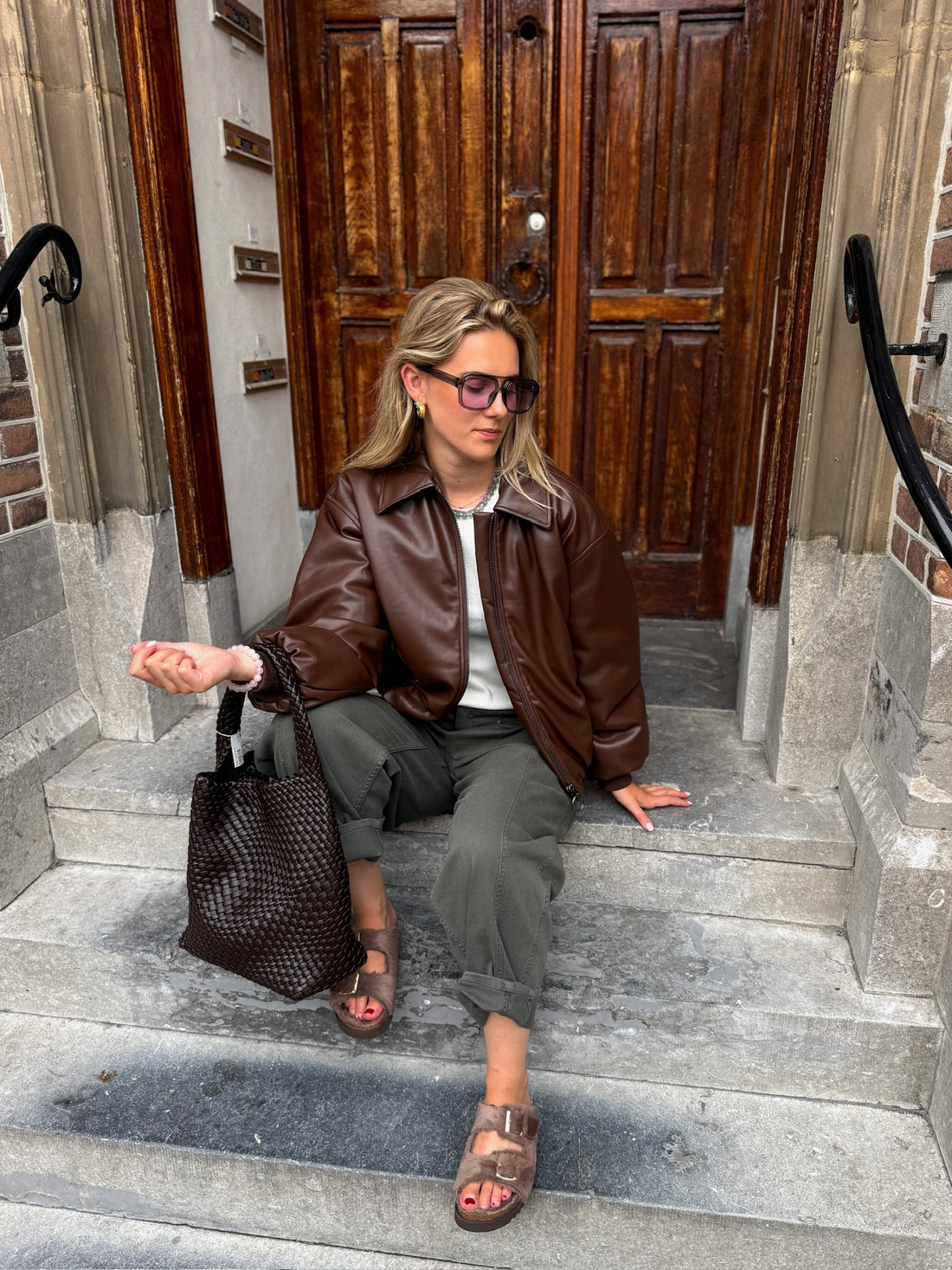Brown leather and green pant look