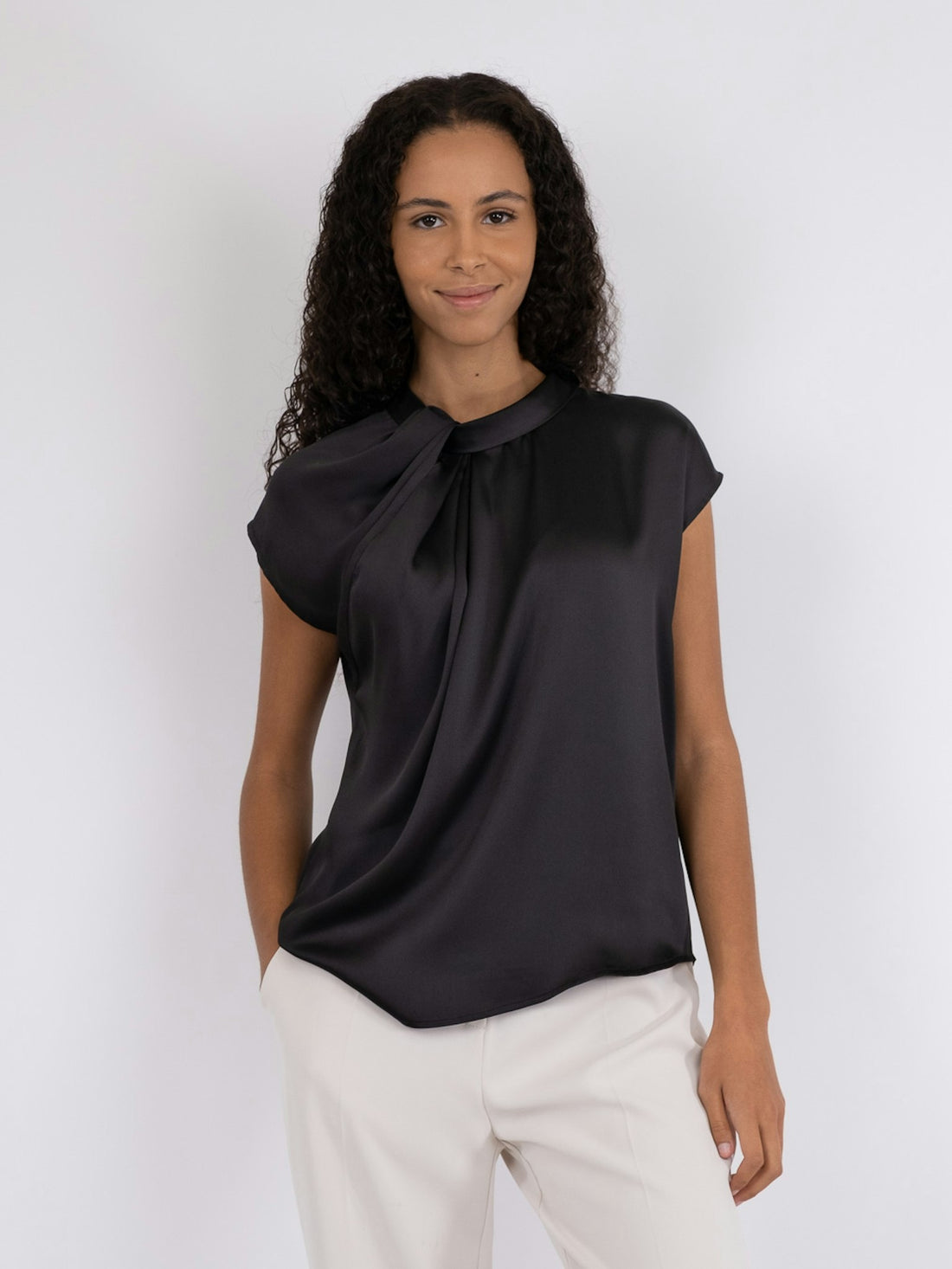 Fleur Drapy Satin Blouse - Black