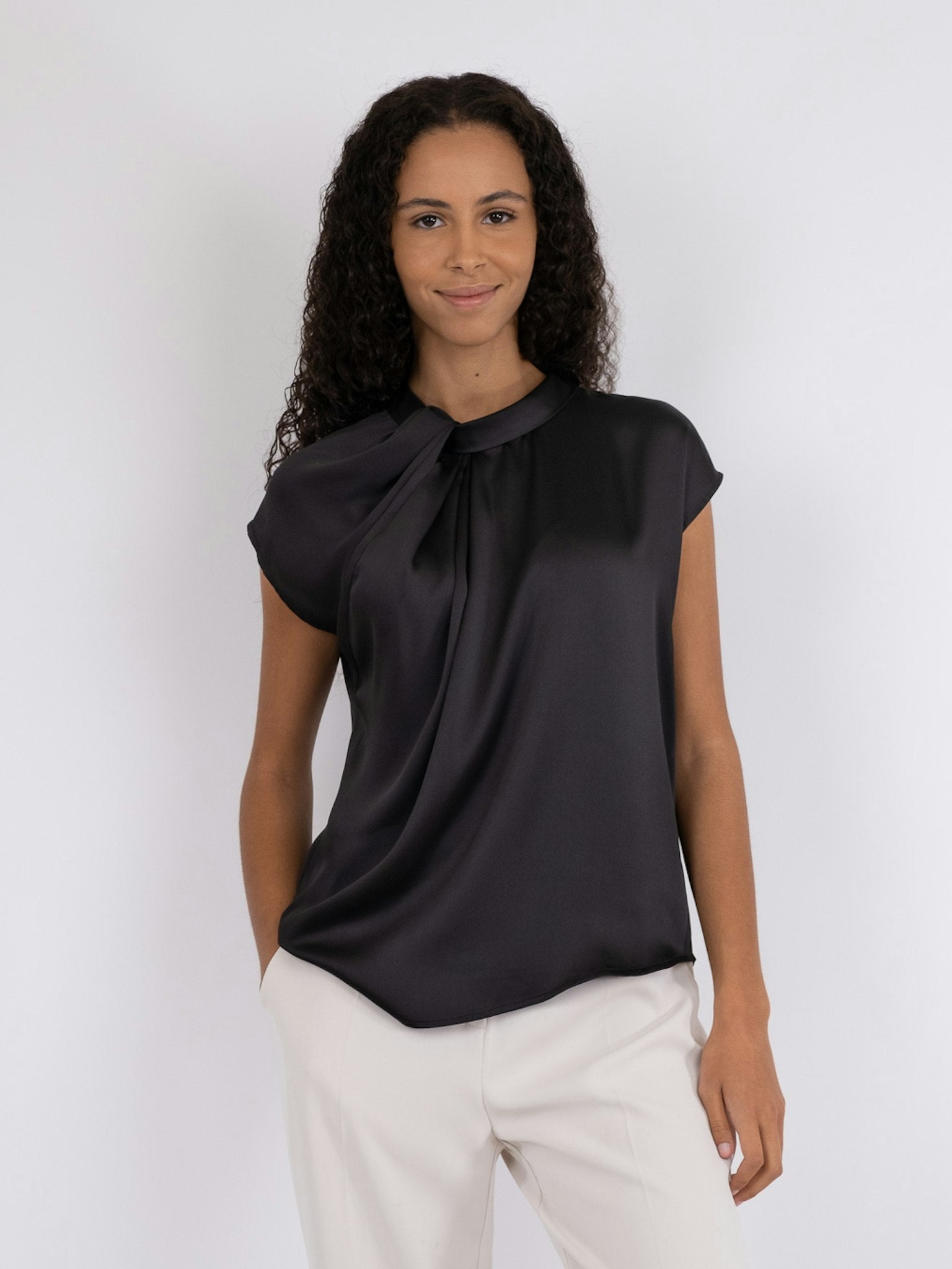 Fleur Drapy Satin Blouse - Black