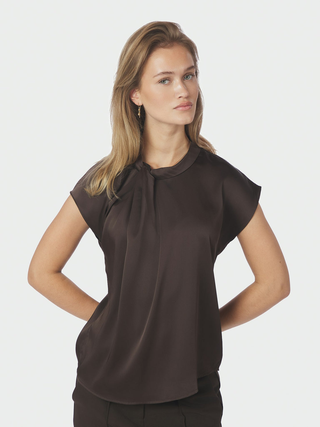 Fleur Drapy Satin Blouse - Dark Brown