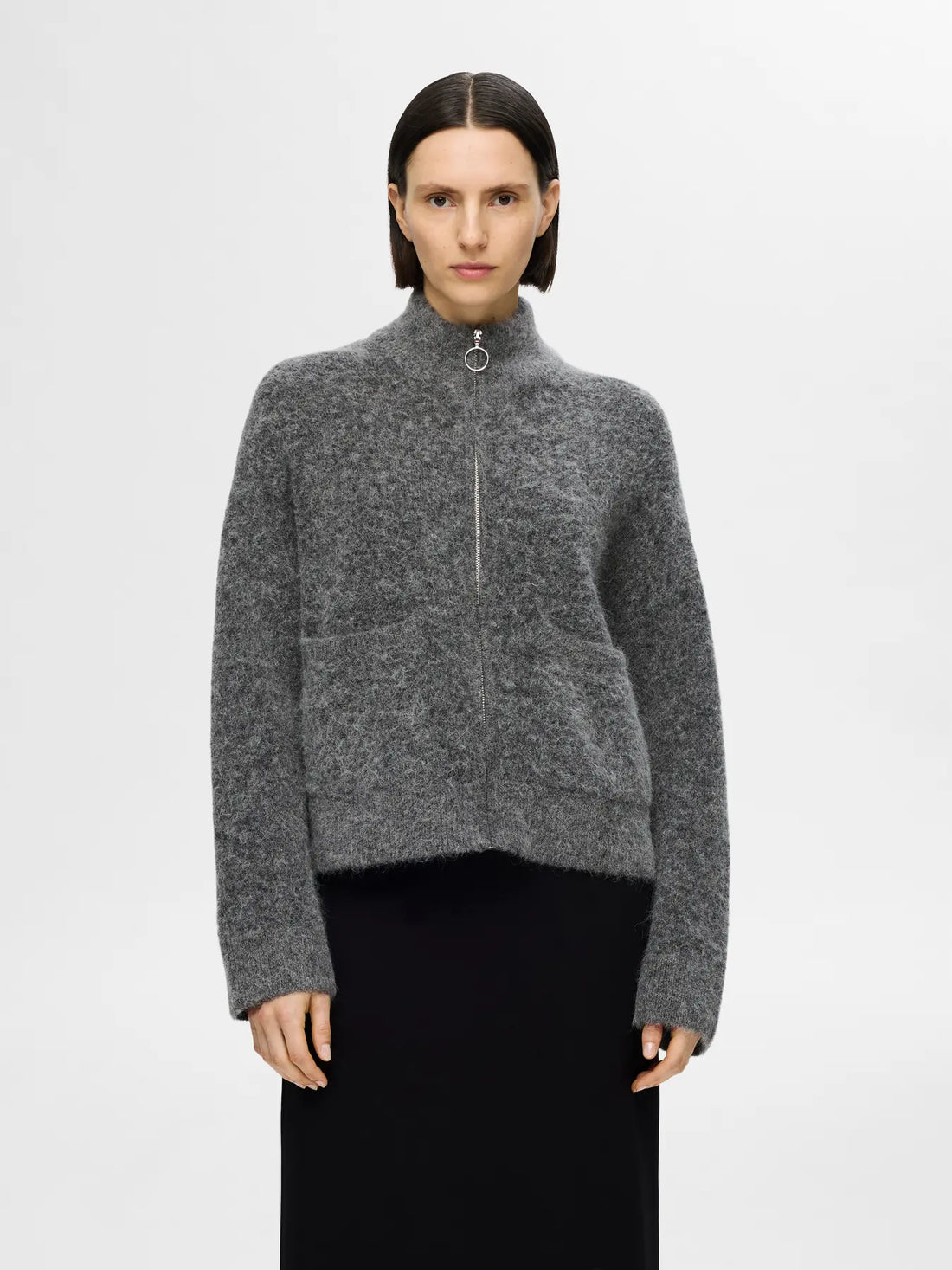 SLFsia Knit Zipper Cardigan - Grey Melange