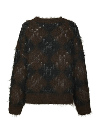 Roeme Check Fluffy Knit Blouse - Dark Brown