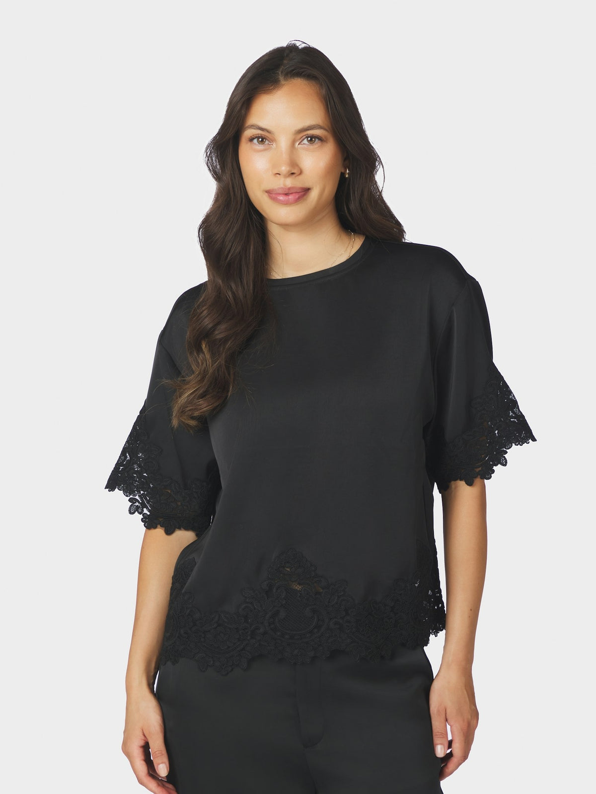 Elle Heavy Sateen Lace Top - Black