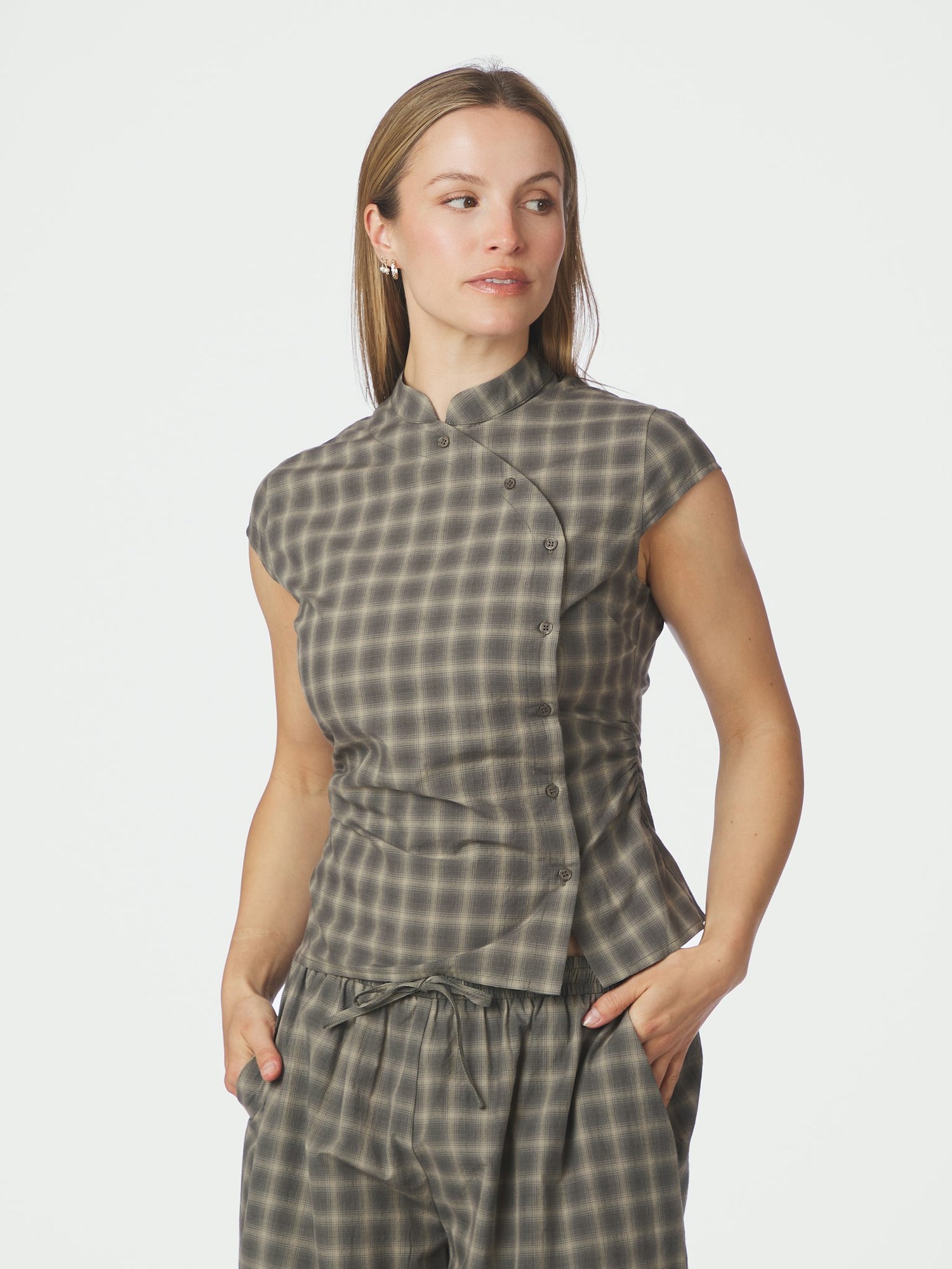 Pascale Checked Blouse - Dusty Army